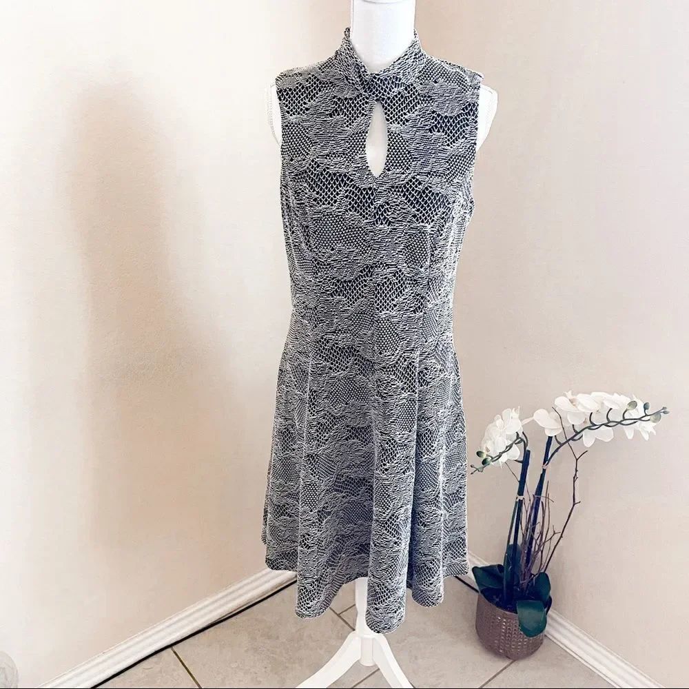 Sharagano Black White Floral Lace Fit Flare Keyhole Midi Dress 12